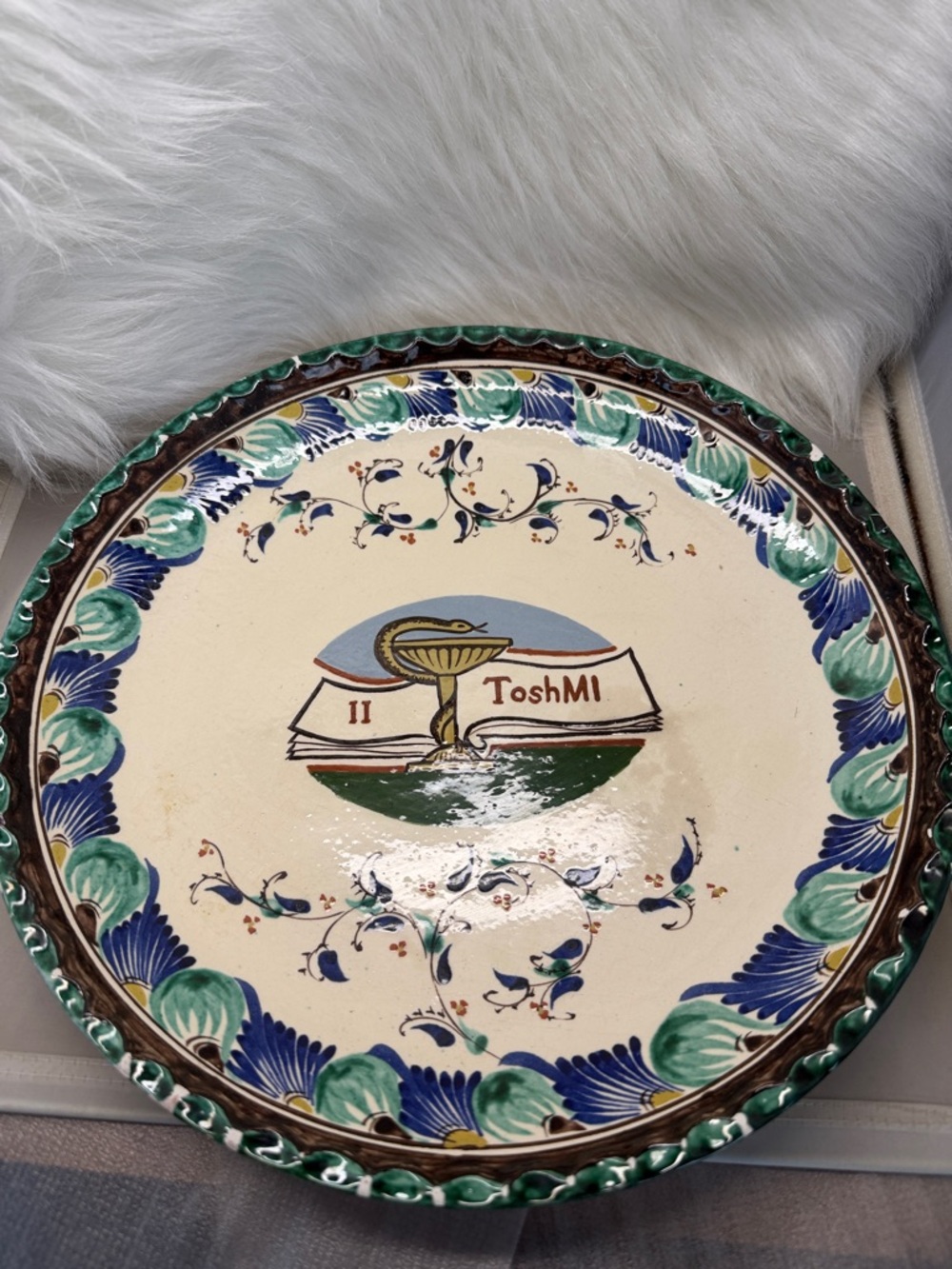 Decorative Ceramic Plate with ToshMI Emblem - Blue & Green